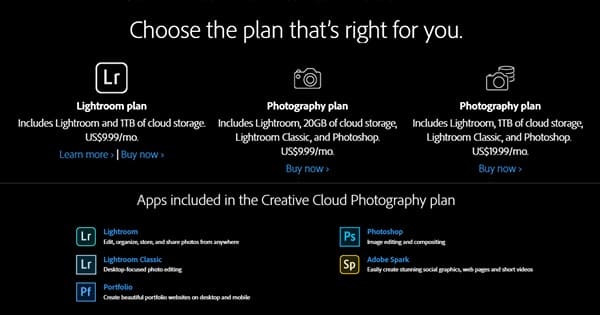 Photoshop vs Lightroom | Price Plans