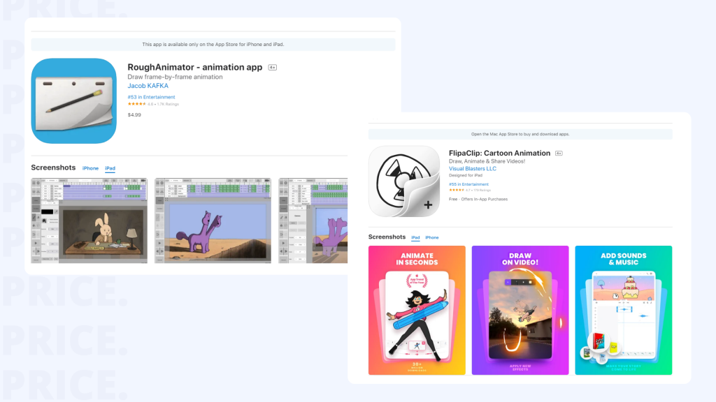 Screenshots that compare Flipaclip vs Rough Animator in terms pf price.