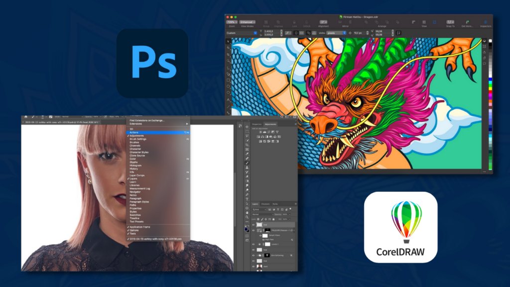Photoshop vs CorelDraw interface layout.