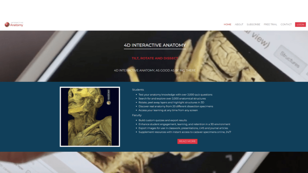 Web interface of the Anatomy 4D platform, which is an example of augmented reality in education.