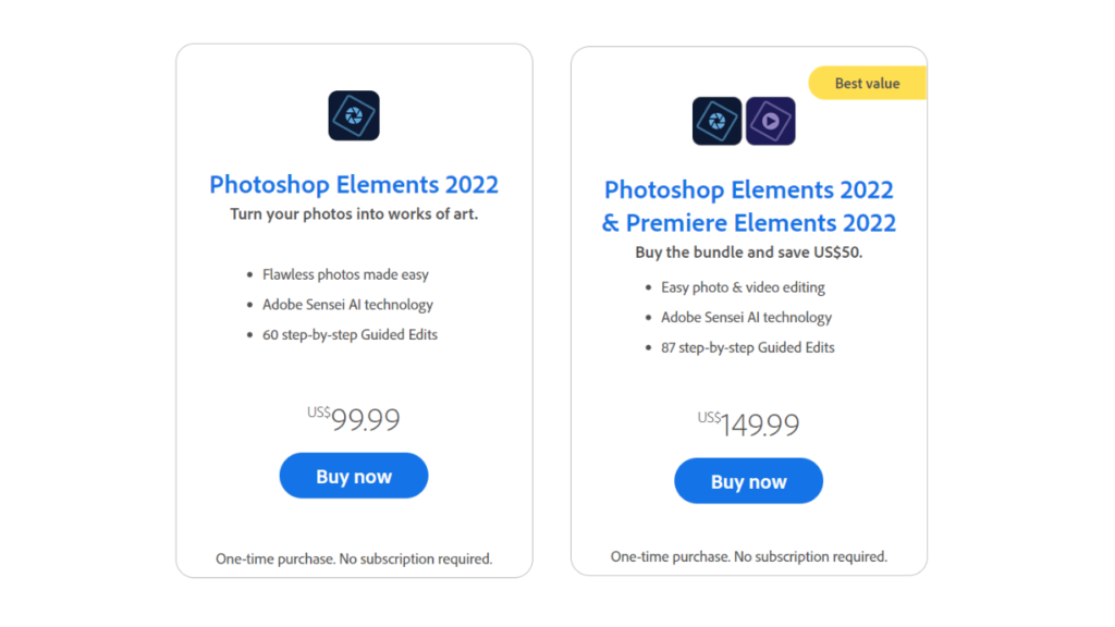 Photoshop Elements pricing plans.