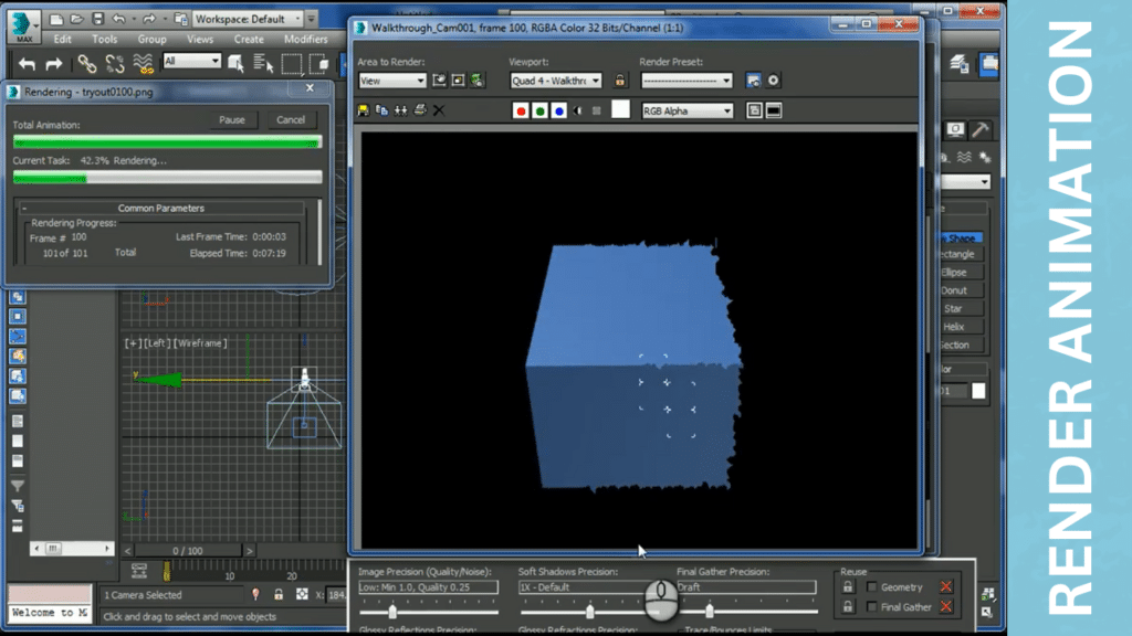 3Ds Max rendering output for a cube animation.