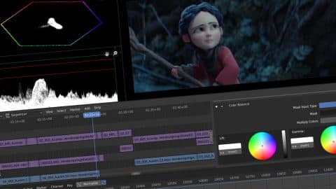 Blender's video editing workspace being used in Spring open movie.