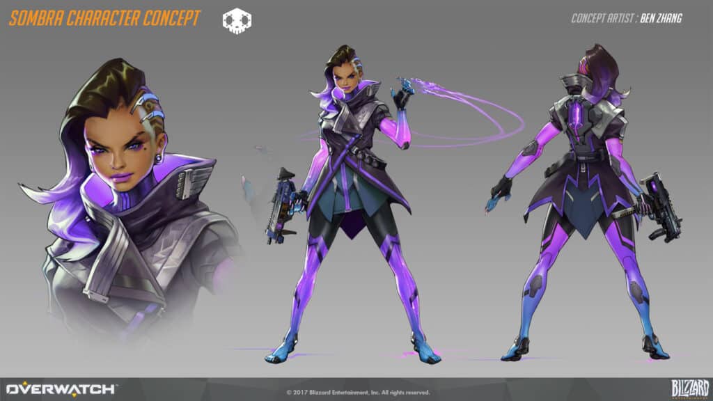 Example of Sombra character design from Overwatch Blizzard games.