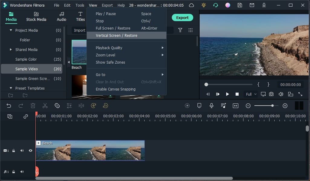 The vertical screen feature in Filmora video editing software.