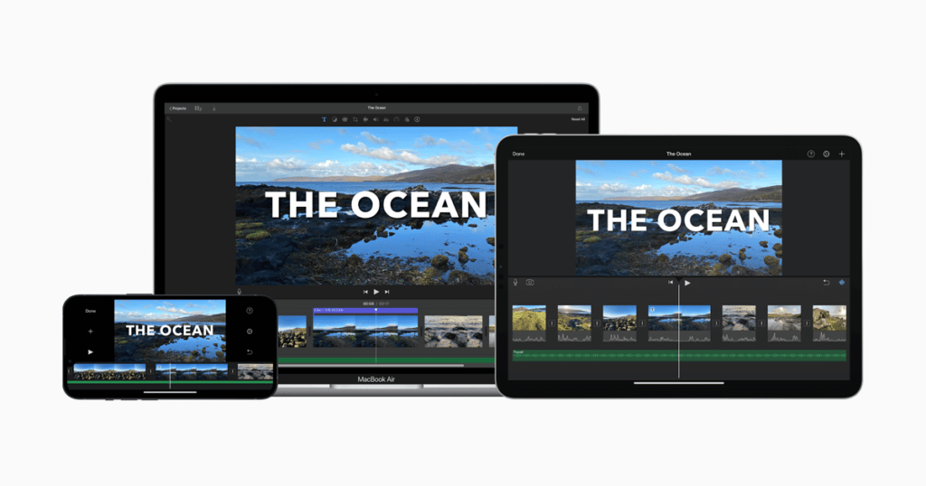 Apple iMovie user interface on various MacOS and iOS devices.